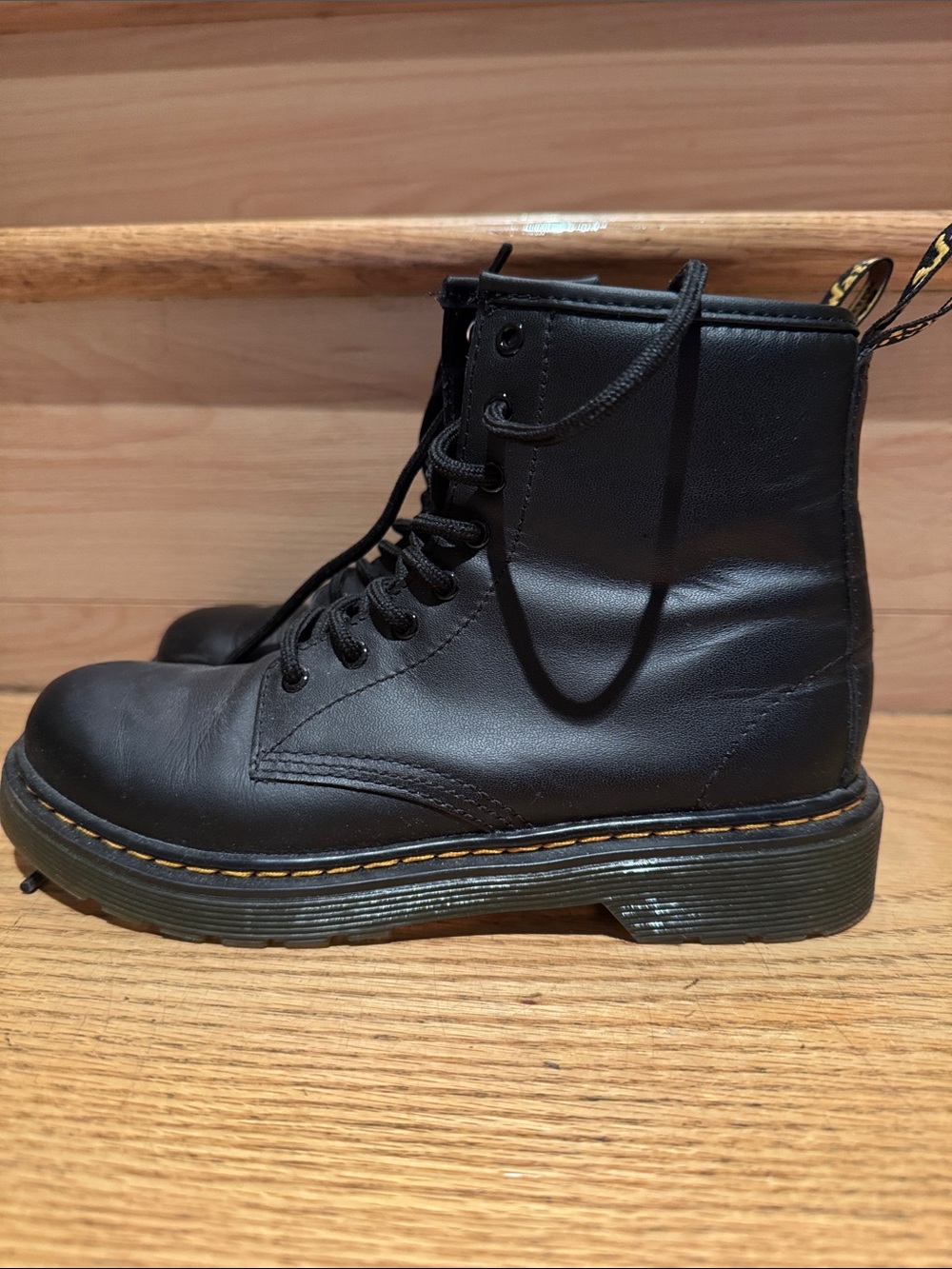 Dr. Martens Black Leather Lace-Up Boots with Yellow Pull Tabs
